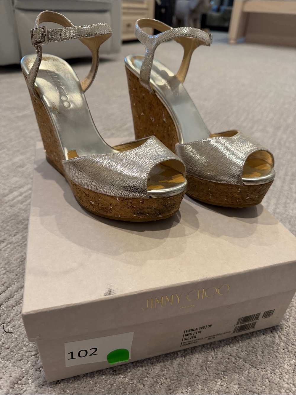 Jimmy Choo Metallic Silver Cork Platform Wedge Sandals